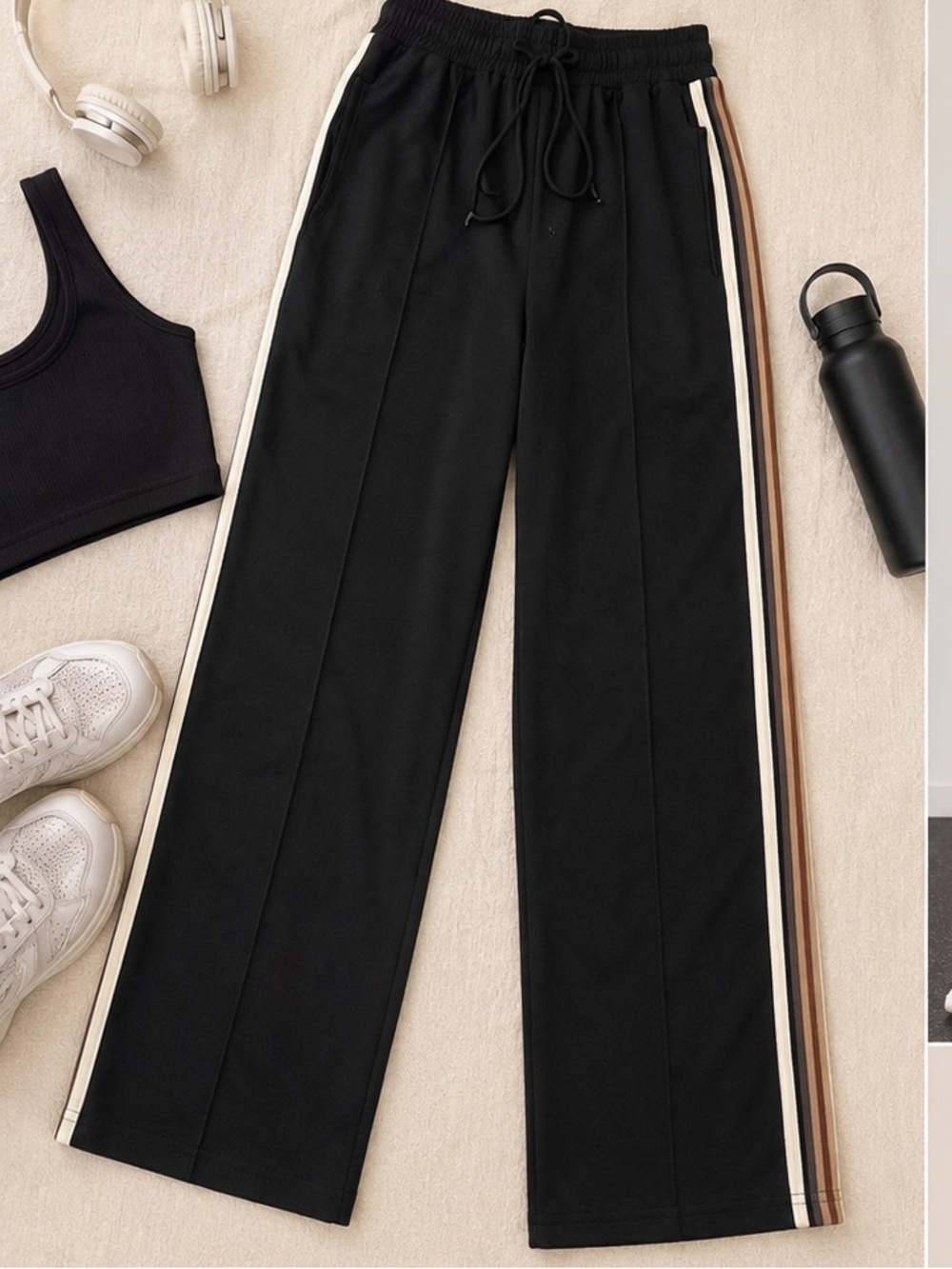 Black Wide Leg Track Pants Side Stripe Athleisure Lounge Y2K Streetwear Sz M